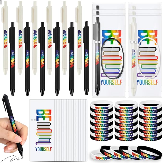 Spakon 100 Set Gay Pride Gifts Rainbow Silicone Wristband Bracelet LGBT Retractable Ballpoint Pen Black Ink Gift Cards with Twist Ties Pride Decorations for Parades Rainbow Festival Gay Pride Month