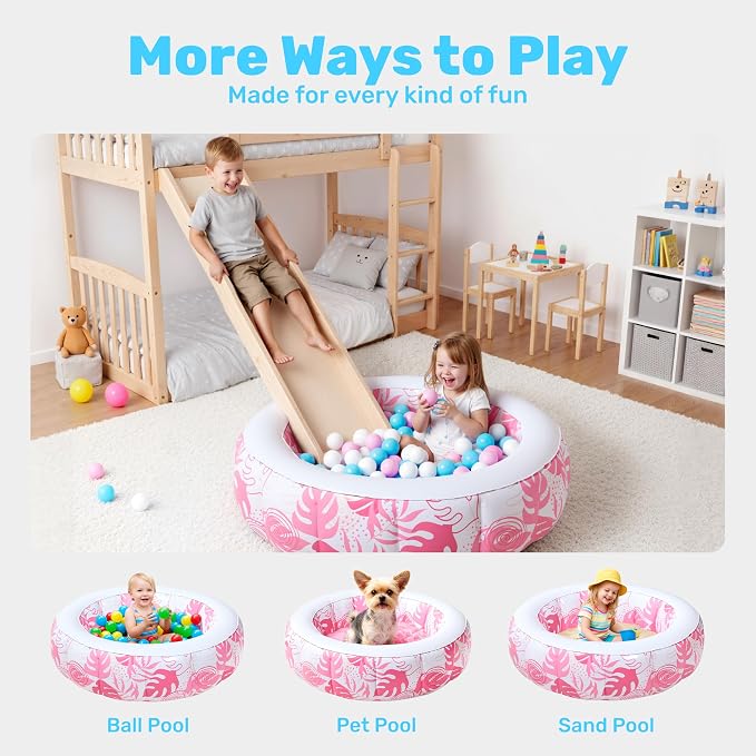 SLOOSH Inflatable Kiddie Pool for Kids, 36"x11" Swimming Pool with Soft Pad Floor for Kid & Toddler, Round Blow Up Baby Ball Play Pit Pools for Swim Party, Portable Indoor & Outdoor Water Toys (Pink)