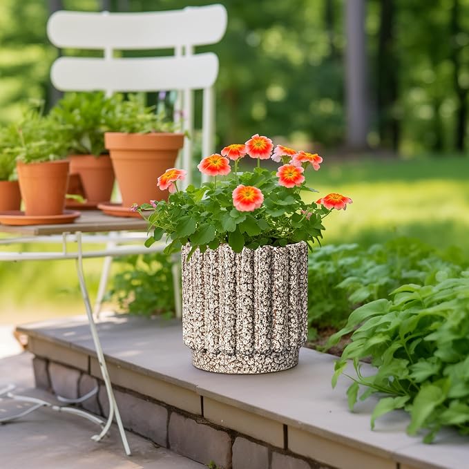 Ceramicfor Ceramic Planter, 9.6 Inch, Leopard Print White | Round Fluted Design, Drainage Hole, Indoor & Outdoor Use, Home Decor