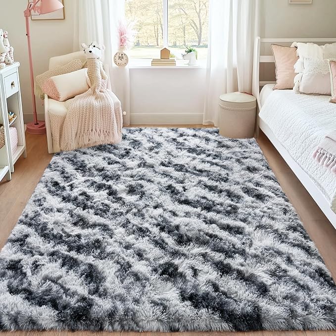 Rugs for Bedroom, Ultra Fluffy Fuzzy Shag 5x7 Area Rug for Living Room, Modern Plush Soft Upgrade Non-Slip Carpet for Kids Girls and Boys, Dorms, Nursery, Home Decor, Tie-Dyed Black Grey