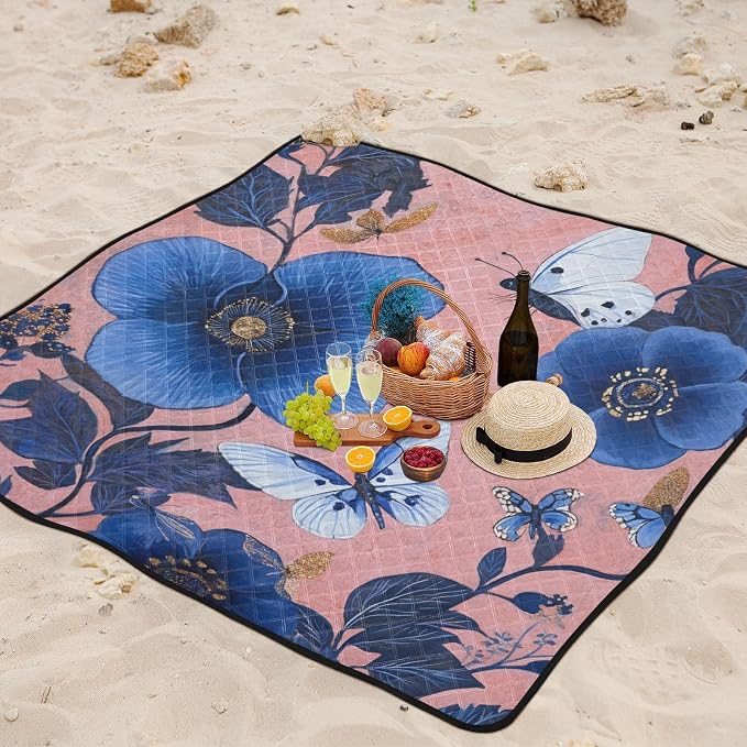 Blue Flower Butterfly Waterproof Picnic Basket Set Portable Outdoor Picnic Accessories Outdoor for Outdoorsy People Couples Gift cobija para parque