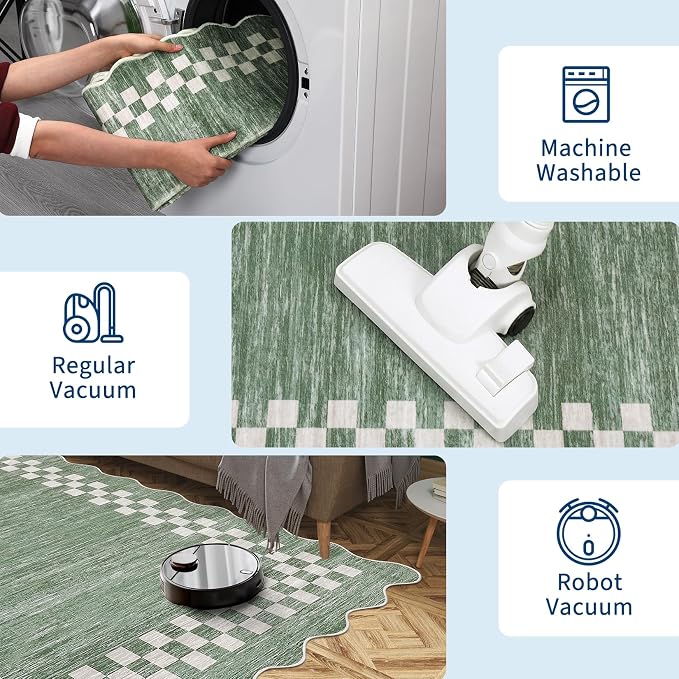 GarveeHome 6ft Washable Round Rug for Entryway Modern Bedroom Circle Rug | Checkered Non Slip Soft Dining Room Round Throw Carpet Large Stain Resistant Border Rugs for Living Room Kitchen, Green