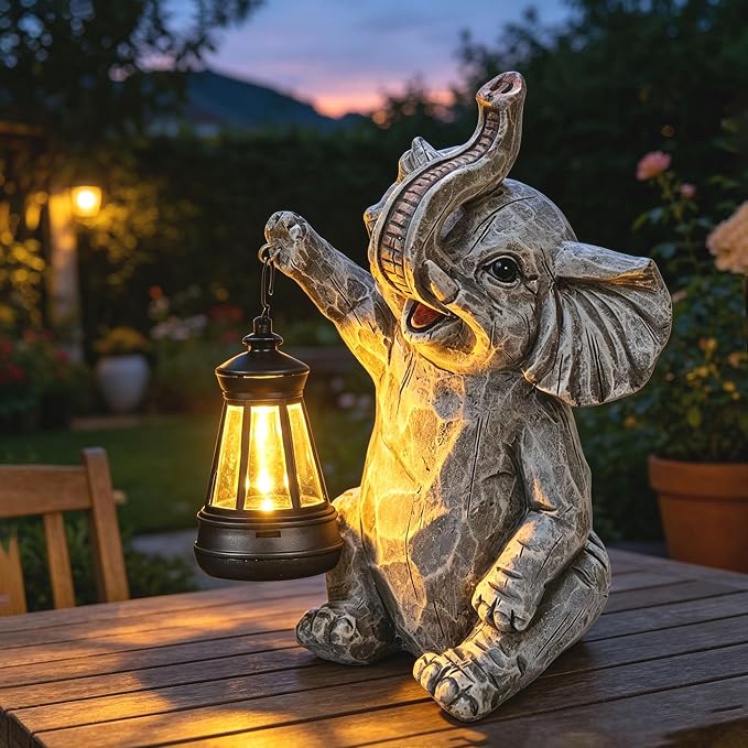 Garden Statues Elephant Solar Figurine Decor Outdoor Waterproof Lights, Yard Decorations, Garden Decor Unique Birthday Housewarming Gifts for Mom (Elephant 2)