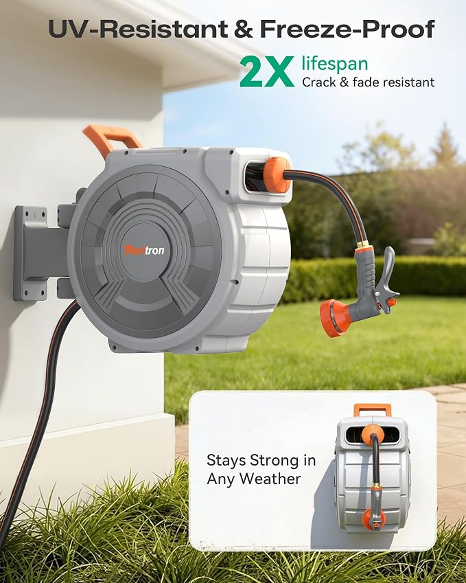 Retractable Garden Hose Reel 85 ft x 1/2 inch, Heavy Duty Automatic Garden Hose Reels, High-Flow, Any Length Lock, 180° Swivel Bracket, Brass Fitting, Wall Mount Water Hose Reel for Outside