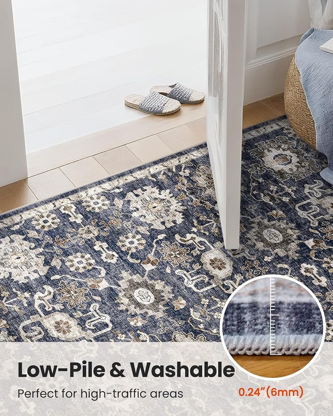 AMADA HOMEFURNISHING 2x5 Washable Runner Rug, Low-Profile Kitchen Rugs with Non-Slip Backing & Durable Edge Binding, Vintage Entryway Runner Rug for Bedroom & Hallway