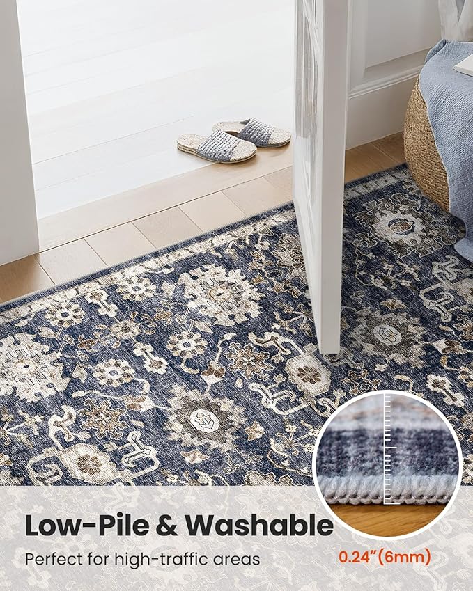 AMADA HOMEFURNISHING 2'6"x8' Washable Area Rug, Low-Profile Entryway Rug with Non-Slip Backing & Durable Edge Binding, Vintage Rug Pattern, Small Rugs for Entryway, Kitchen & Living Room
