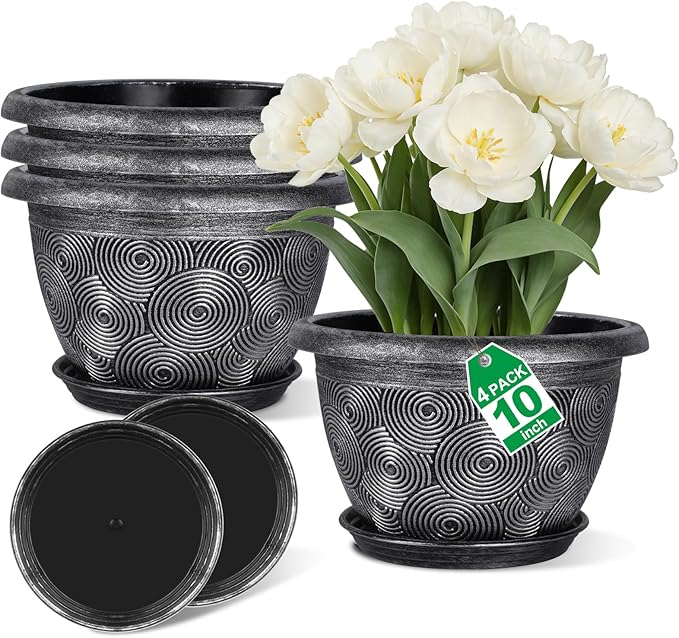 10-Inch -Plastic-Pots -For-Plant With Saucer, 4 Pack Outdoor Planters With Drainage Holes, Decorative Flower Pots For Indoor Plants, Modern 3D Swirl Silver Plant Pots With With Removable Tray