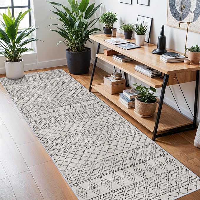 3x10 Washable Modern Runner Rug:Moroccan Boho Low Pile Rug Grey | Hallway Floor Mat Non Slip Indoor Carpet with Rubber Backing for Kitchen Bedroom Entryway