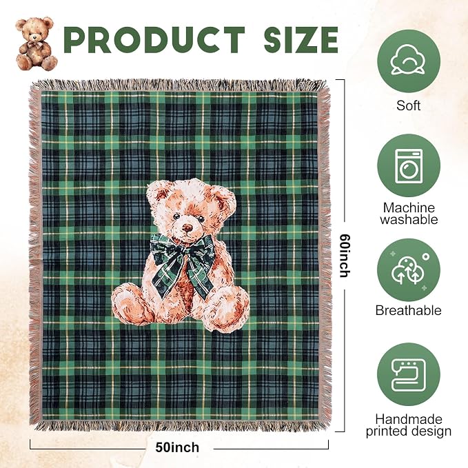 Moukeren 60 x 50 Inch Tartan Plaid Bear Baby Woven Tapestry Throw Blanket Green Blue Scottish Tartan Throw Blanket with for Office Bed Living Room Bedroom Sofa Chair Couch Crib