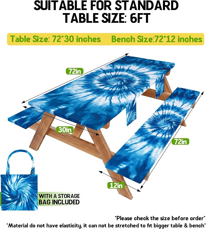 Wrakus Picnic Table Cover with Bench Covers Camping Essentials Windproof Waterproof Patio Outdoor Tablecloth with Storage Bag, Fitted Rectangle Tables and Seats Tablecover for Rv Owner Camper 72in