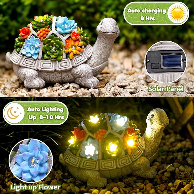 Solar Turtle Statue - Turtle Decor with Yard Outdoor | Cute Solar Turtle Succulent with 7 LED Lights - Unique Turtle Gifts for Mom