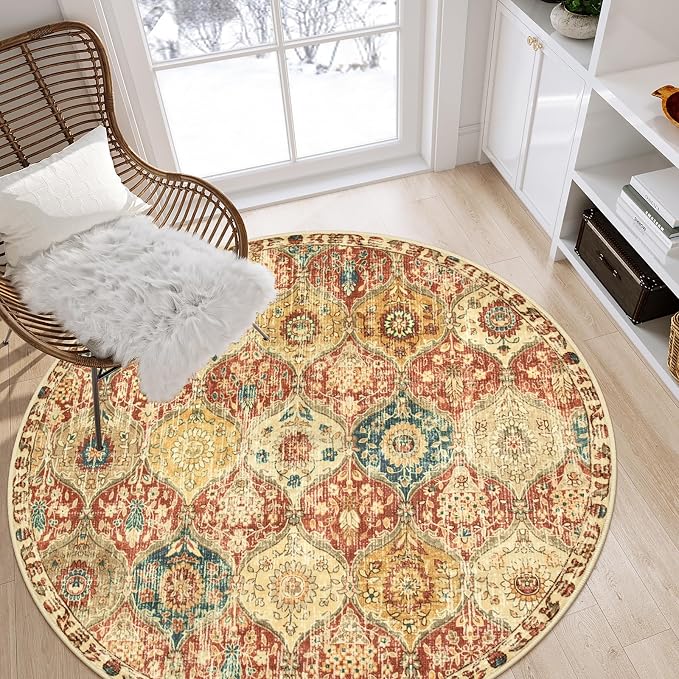 Lahome Moroccan Washable Round Area Rug, Round Rug 5ft Soft Non-Slip | Trellis Non-Shedding Distressed Circle Carpet for Bedroom Living Room Bathroom Nursery Kitchen Elise, Red Orange