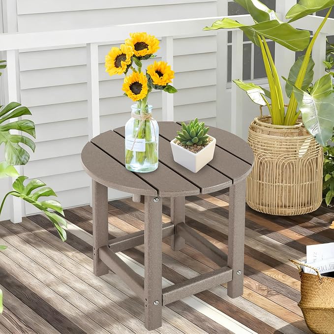 LZRS Round Adirondack Patio Side Table End Table, Outdoor Side Tables for Patio, Backyard,Pool, Indoor Companion, Easy Maintenance & Weather Resistant(Oak)