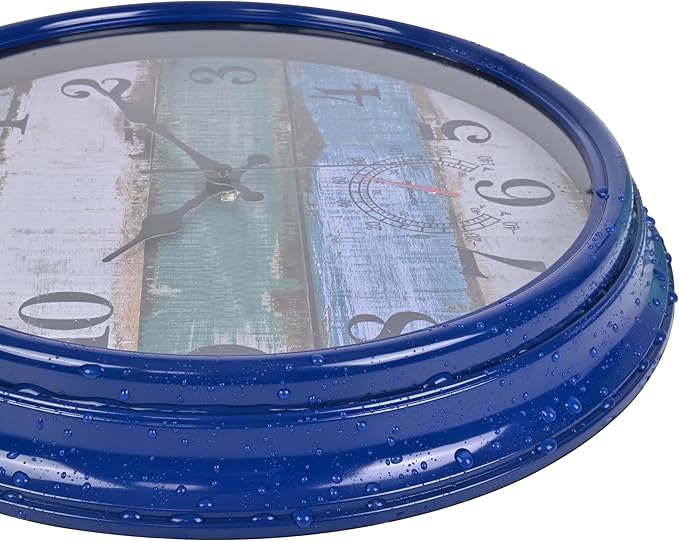Large Outdoor Clock Waterproof with Thermometer Vintage Rustic Coastal Clock for Pool Garden Patio (16 Inch)