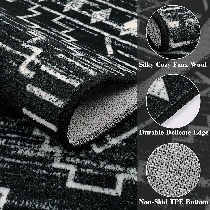 Wonnitar Moroccan Washable Area Rug 5x7, Black Large Rug for Living Room, Non-Slip Boho Bedroom Throw Mat, Low Pile Stain Resistant Geometric Floor Carpet for Dining Table Kitchen Dorm (Black,5'x7')