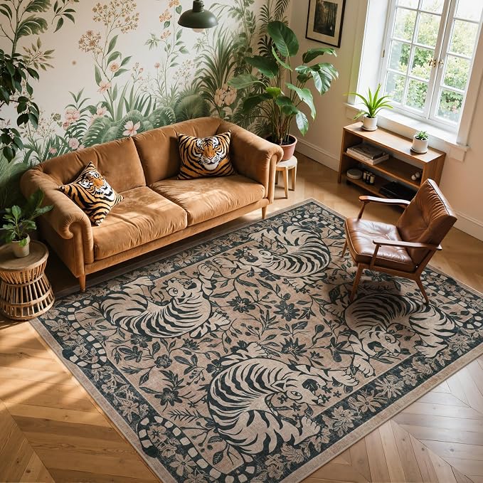 LIVEBOX Washable Tiger Area Rug 5x7, Non-Slip Boho Jungle Rug for Living Room, Vintage Animal Floor Carpet for Bedroom Dining Room Home Office Dorm (Taupe)