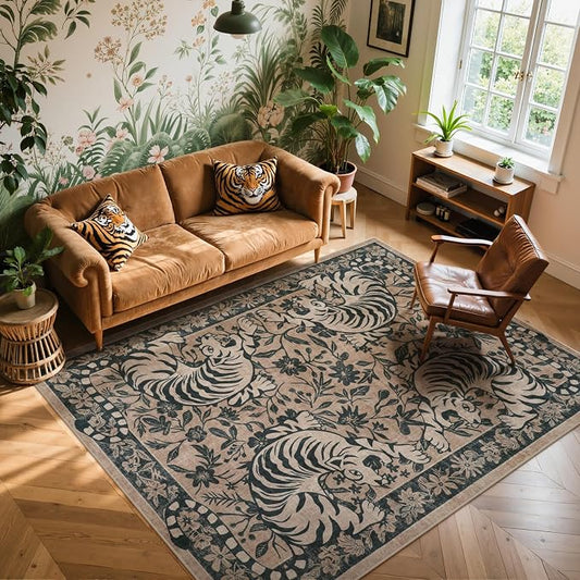LIVEBOX Washable Tiger Area Rug 5x7, Non-Slip Boho Jungle Rug for Living Room, Vintage Animal Floor Carpet for Bedroom Dining Room Home Office Dorm (Taupe)