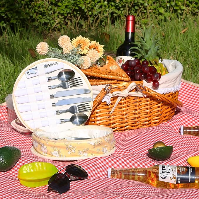 Wicker Picnic Basket with Handle, 15" Large Picnic Basket with Lid & Removable Liner, Vintage Hand Woven Basket with Cutlery Set for Picnics, Camping, Thanksgiving, and Birthday