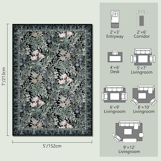 Washable Area Rugs 5x7 Black Green Vintage Floral Botanical Pattern,Perfect for Living Room, Bedroom, Kids Room, Nursery - Stain & Water Resistant Non-Slip, Pet & Child Friendly/Bedroom Decor
