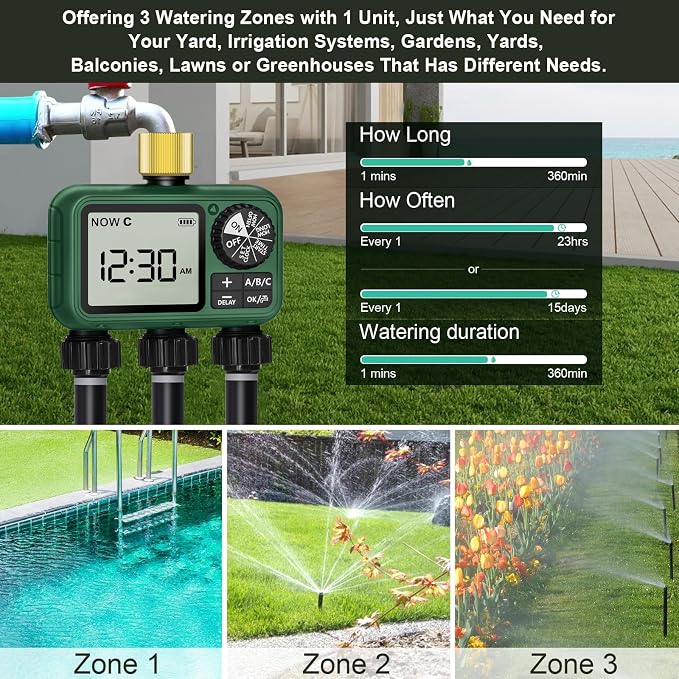 Water Timer for Outdoor Garden Hose, Sprinkler Timer for Garden Faucet with Auto/Manual/Rain Delay Mode, Sprinkler Irrigation Controller for Yard Lawn (3 Zones Brass Inlet)
