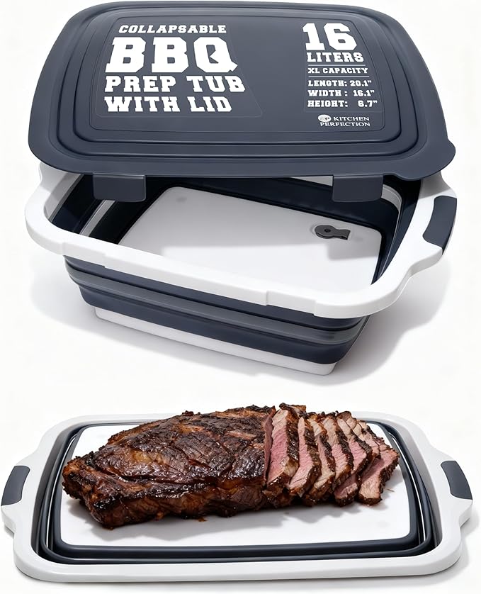 KITCHEN PERFECTION Collapsible XL Smoker & BBQ Prep Tub with Locking Lid | Includes Cutting Board, Meat Marinade & Brine Container For Turkey, Brisket & Ribs - Best Grill Accessories Gifts For Men