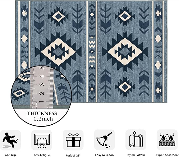 Western Area Rug 3x5 for Living Room Bedroom, Southwestern Aztec Tribal Area Rugs Southwest Navajo Machine Washable Rug Non-Slip Printed Low-Pile Floor Carpet for Kitchen Bathroom, Blue