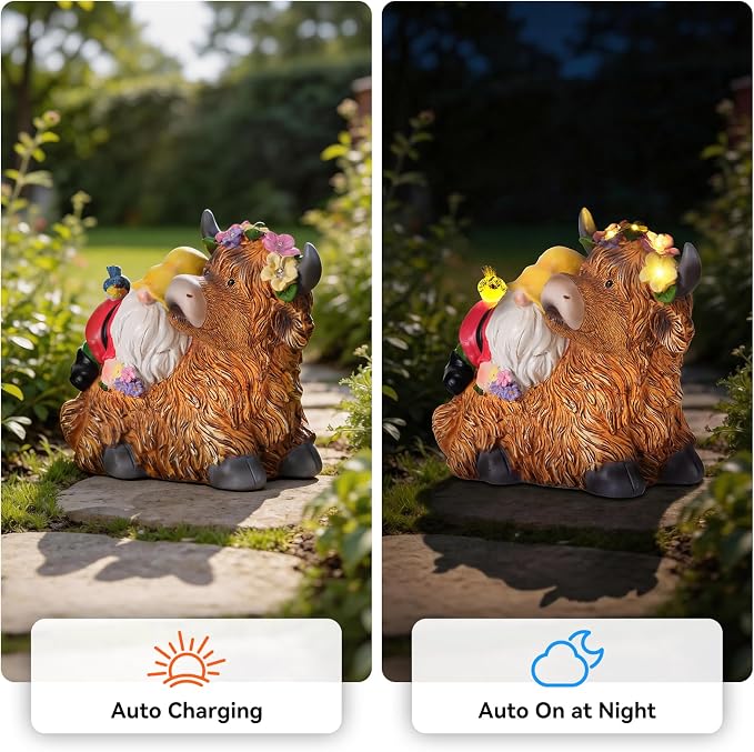 Highland Cow Gnome Statue, Highland Cow Gnomes Garden with LED Lights and Bird, Solar Garden Statues for Yard, Patio, Balcony, Lawn Ornaments Figurines Gifts for Women, Mom
