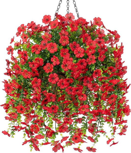 Ammyoo Artificial Fake Hanging Flowers with Basket for Outdoor Spring Decoration, Faux Silk Daisy Flower Real Touch Hanging Plants UV Resistant for Outside Porch Patio Garden Yard Home Decor(Red)