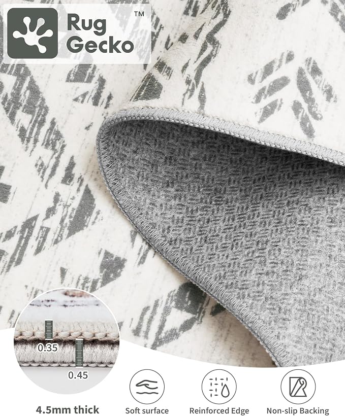 Miukiki Round Rugs 8ft Washable Moroccan Circle Rug for Living Room Grey | Non Slip Indoor Floor Carpet Foldable Area Rug for Dining Room with Low Pile 8ft