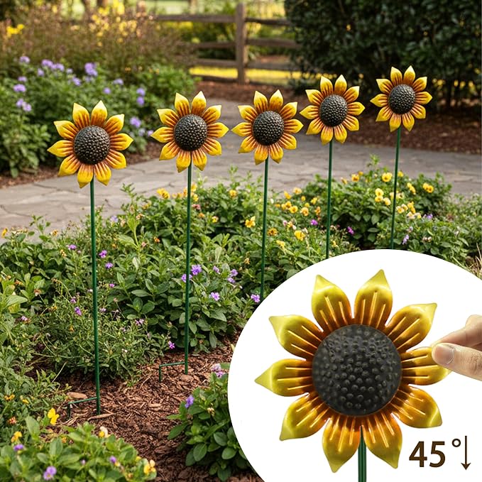 Sunflowers Metal Yard Art Wind Spinners Outdoor Decoration Stakes | 5pcs Lawn Ornaments, Lawn Decorations Garden Stakes, Metal Outside Decor for Flower Garden Decor, Sunflower Gift for Women