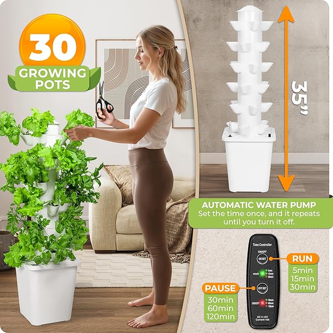 CARPATHEN Hydroponic Tower Growing System, Indoor Gardening for 30 Plants | 6 Hydroponic Columns, Grow Lights, Water Pump, Seedling Kit, 35 Grow Sponges + Net Pots, Water-Level Gauge, pH and TDS Meters