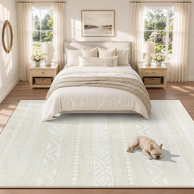 Zomfy Washable Rug 6x9 Area Rugs for Living Room(Beige, 6'x9') | Geometric Boho Modern Rugs Neutral Non Slip Soft Carpet Low Pile No Shedding Print Rug for Bedroom Dining Room Home Office