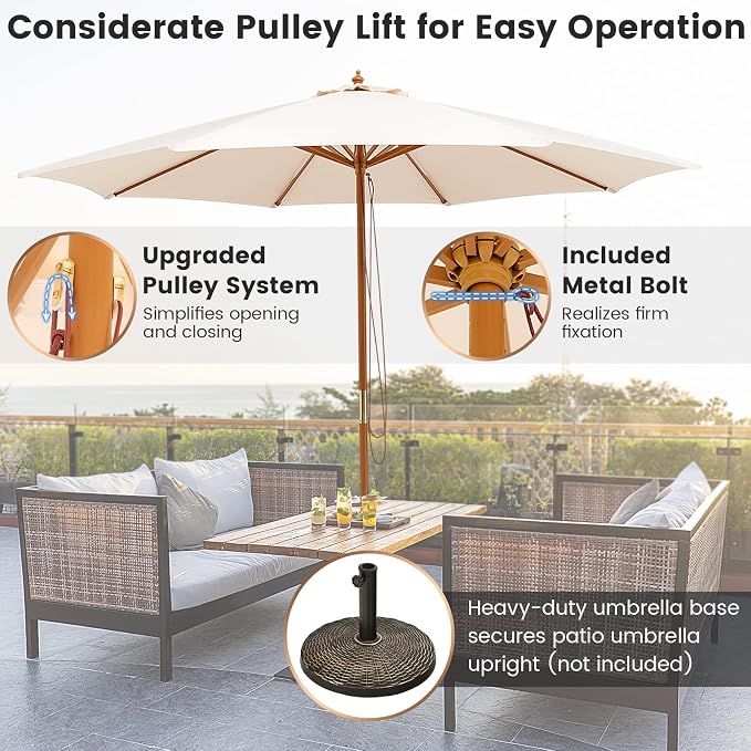 Tangkula Patio Umbrella Height Adjustable Wood Pole Outdoor Sun Shade Beige