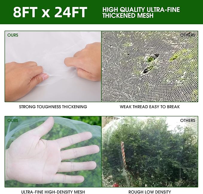 Garden Netting Kit for Raised Beds, 8x24Ft Ultra Fine Mesh Netting with 6 Sets Garden Hoops, Plant Row Cover Insect Netting Birds Pest Barrier Net for Vegetable Fruit Flowers
