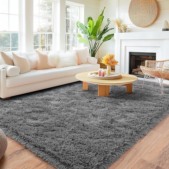 8x10 Area Rugs for Living Room, Large Ultra Fluffy Fuzzy Shag Grey Rug for Bedroom, Modern Plush Soft High Pile Upgrade Non-Slip Gray Carpet for Kids Girls and Boys, Dorms, Home Decor Aesthetic