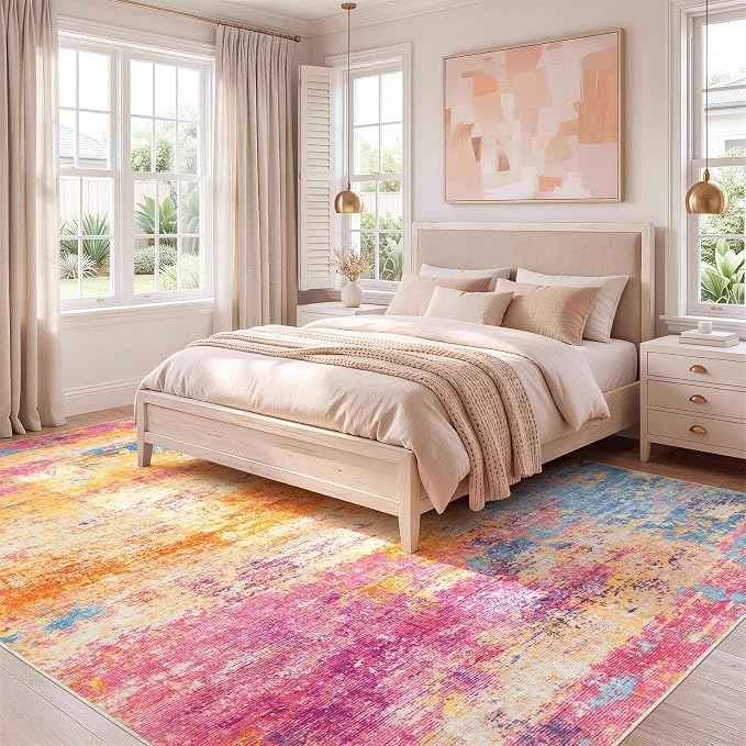 9x12 Area Rug for Living Room, Abstract Washable Large Rugs, Multicolor | Neutral Modern Carpet for Bedroom, Dining Room, Home Office Nursery Indoor, Stain Resistant, Low Pile, Non-Shedding Rug