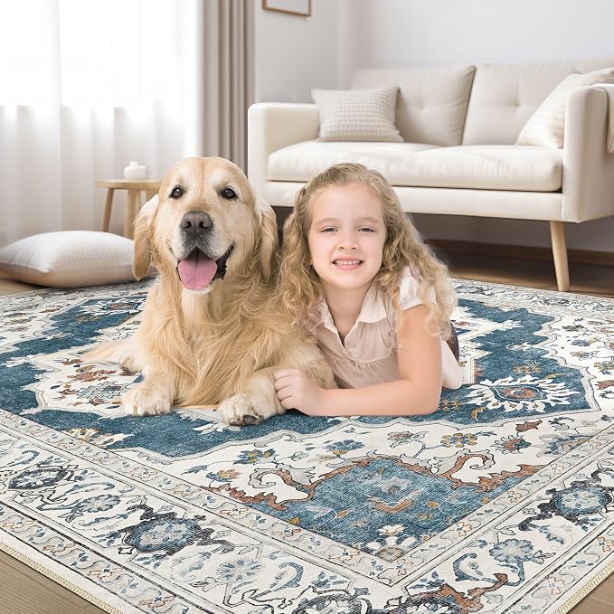 Washable Area Rug-10X12 Vintage Neutral Soft Vintage Blue | Non Slip Thin Foldable Large Floor Carpet for Living Room Bedroom Kitchen Dining Room Home Office Farmhouse Indoor