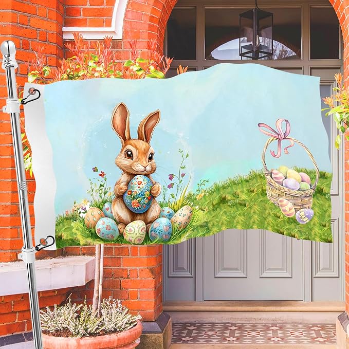 Easter Flag 3x5 Ft Double Sided Print Easter Garden Flag for Outside with 2 Brass Grommets Happy Easter Banner Spring Decor with Rabbit Eggs for Farmhouse Yard Indoor Outdoor Gifts