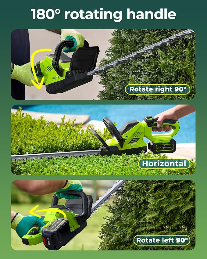 20'' Hedge Trimmers Cordless with 2pcs 4000mAh Battery, Brushless Electric Bush Clipper with Rechargeable Batteries, 3000RPM 180° Rotatable Head, 2/3'' Blade Gap Green,Gifts for Father’s Day