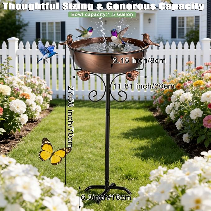 Bird Bath for Outside, 27.6" H Standing Bird Feeder Bowl with 11.8" Wide Basin, 1-Tier Metal & Copper Garden Bird Bath and Feeder for Yard Patio Backyard Lawn Flower Bed Outdoor Garden Decor