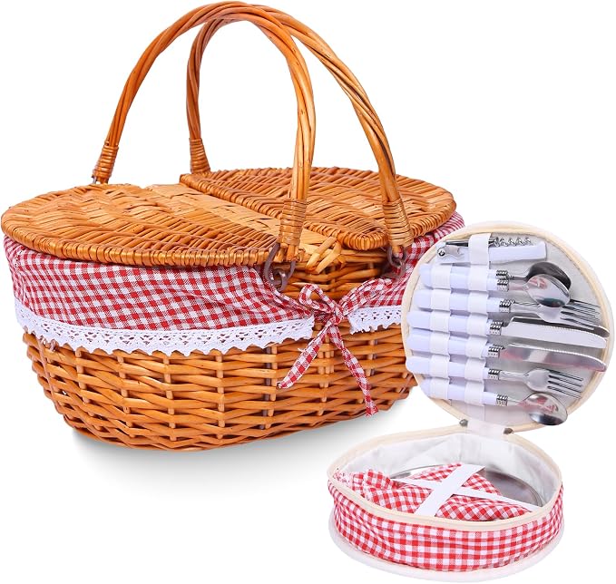 Wicker Picnic Basket with Handle, 15" Large Picnic Basket with Lid & Removable Liner, Vintage Hand Woven Basket with Cutlery Set for Picnics, Camping, Thanksgiving, and Birthday