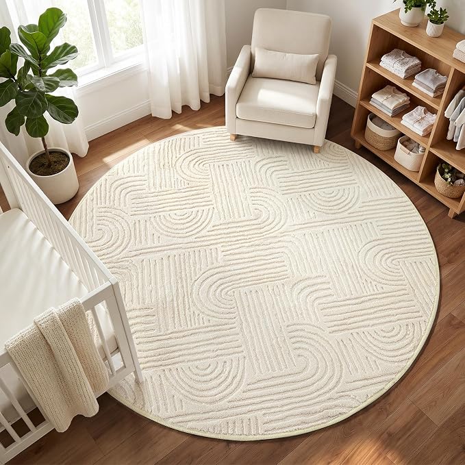 Etwel 6.5 ft Beige Geometric Textured High-Low Pile Washable Round Rug | Modern Soft Carpet, Non-Slip PVC Backing, Low Profile, Kid and Pet Friendly, for Living Room, Bedroom, Dining Room, Nursery