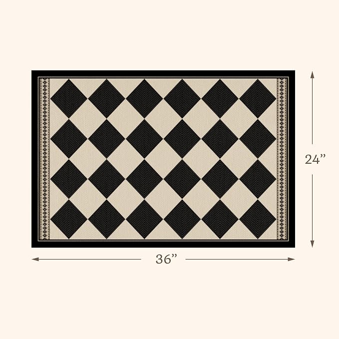 2x3 Elegant Farmhouse Checkered Entry Kitchen Rug, Vintage Diamond Front Door Mat, Non-Slip Washable Soft Easy Jute Area Rug, Non-Shedding Low Pile Carpet for Entryway, Bedroom, Porch, Black & White
