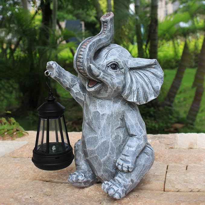 Garden Statues Elephant Solar Figurine Decor Outdoor Waterproof Lights, Yard Decorations, Garden Decor Unique Birthday Housewarming Gifts for Mom (Elephant 2)