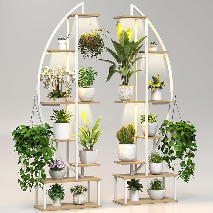 Plant Stand Shelf Indoor with 6 Grow Light, 7 Tiered 65" Tall White Large Half Moon Lighted Plant Rack Holder, 2 Pack Big High Circular Arch Multi Herb Stand with Built in LED Grow Light Set