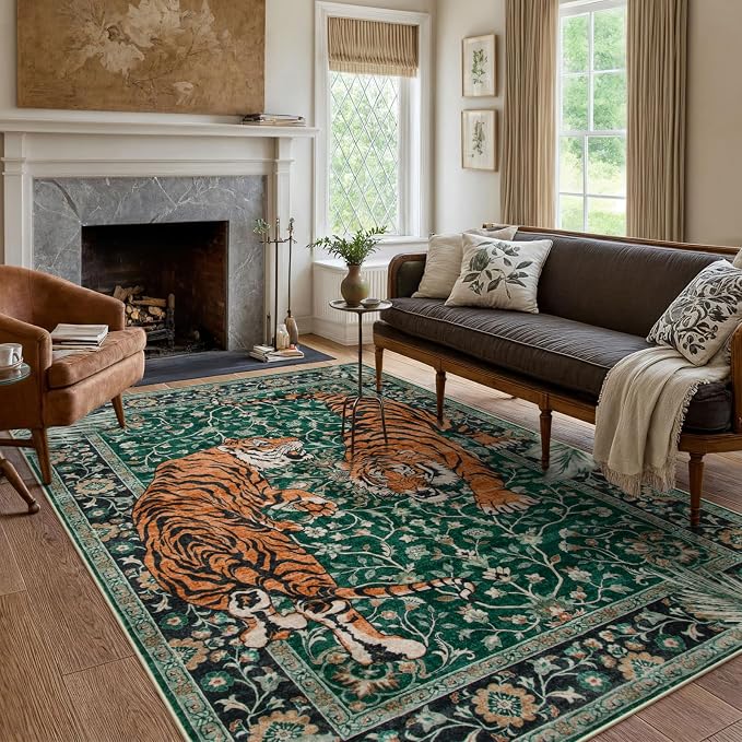 Moynesa Tiger 6x9 Area Rugs for Living Room, Boho Botanical Washable Dining Room Rug Non Slip Large Green Bedroom Rug, Ultra Thin Vintage Soft Indoor Floor Carpet for Home Office Entrance
