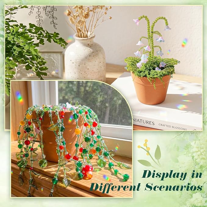 Ecoofor Green Beads Beaded Plant Kit DIY Plant Kit, Green Glass & Crystal Leaf Beads, Video Tutorials, Desk Gifts, Handmade Gifts for Plant Lovers