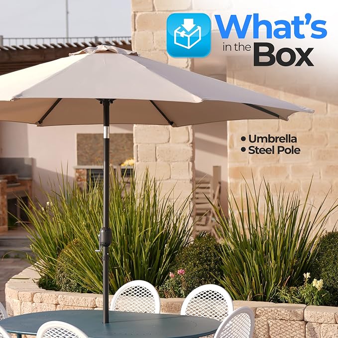 10ft Patio Table Umbrella, 6 Sturdy Ribs with Push Button Tilt, Easy Close Open Crank, Outdoor Furniture for Garden Lawn Deck Pool Beach, Weatherproof Fabric