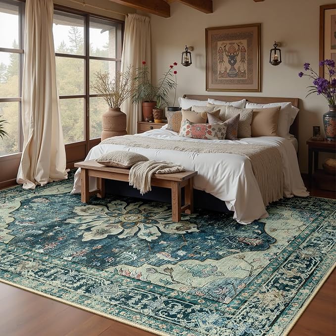 RELEANY Washable Area Rug, 8'x10', Blue/Vintage Dark Blue | Non-Slip, Water Repellent, Pet Friendly, Easy to Clean, Vintage Floral Boho Decor for Living Room Bedroom Dining Room
