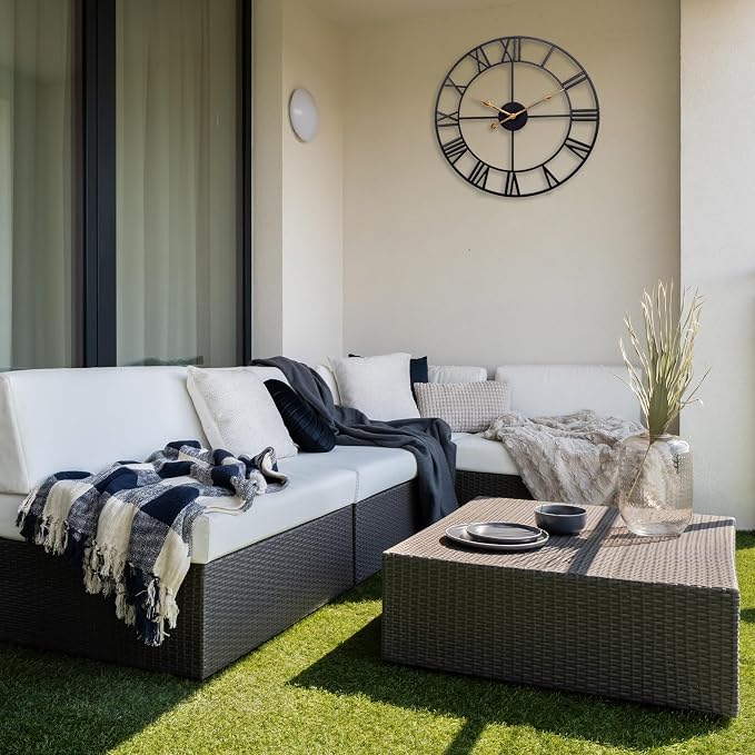 16 Inch Large Outdoor Wall Clock, Black Metal Modern Minimalist Battery Operated Silent Clock for Patio, Pool, Garden, Living Room, Kitchen, Office, Bedroom Decor with Easy to Read Numbers